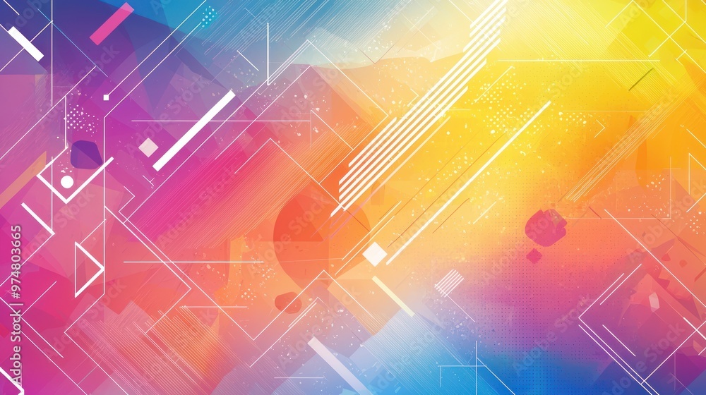 Abstract background with colorful gradient and geometric figures of various shapes, highlighted by white lines
