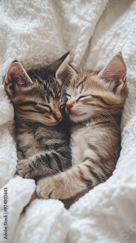 Two adorable kittens snuggle close together on a soft white blanket, their eyes peacefully closed as they nap in cozy comfort and warmth.