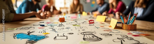 Creative brainstorming session with diverse people discussing ideas over a table filled with sketches and colorful stationery.