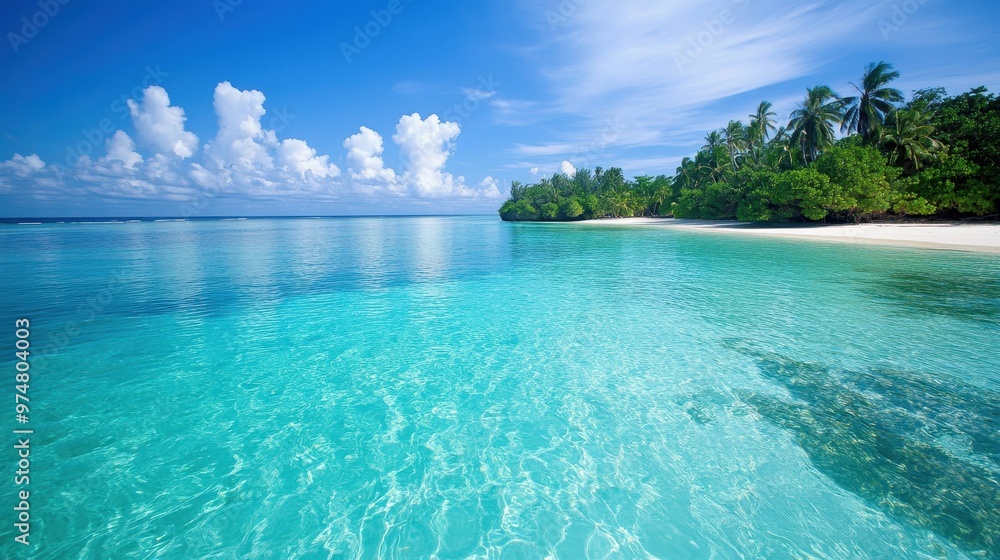 Obraz premium Serene tropical beach with clear turquoise water and lush greenery under a blue sky.