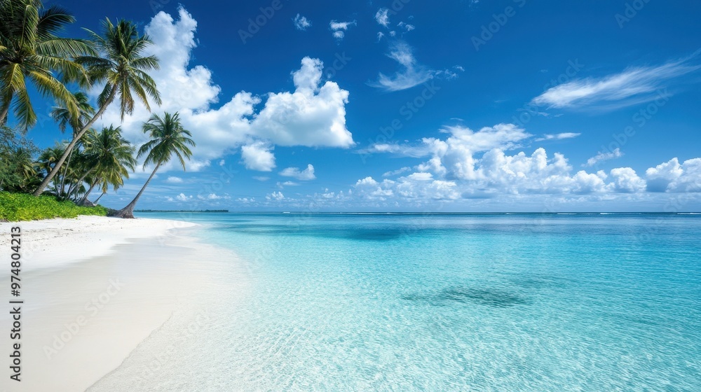 Fototapeta premium Serene tropical beach with clear water, palm trees, and vibrant blue sky.