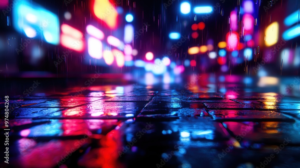 A vibrant urban scene featuring reflections on wet pavement illuminated by colorful neon lights in a rainy atmosphere. A vibrant urban scene featuring reflections on wet pavement illuminated by colorful neon lights in a rainy atmosphere.