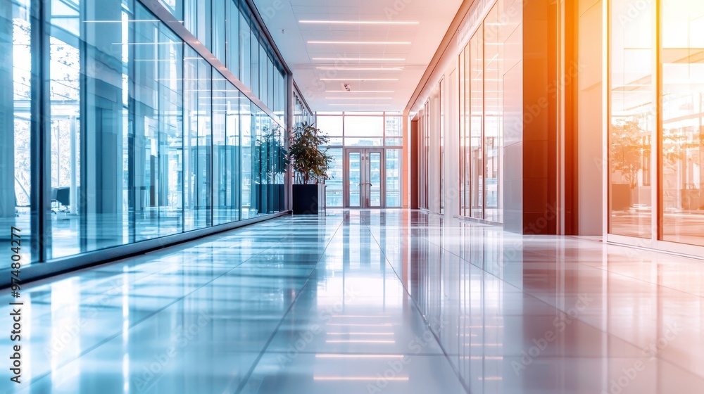 Soft-focus image of a modern office hallway, highlighting its spacious and contemporary layout Soft-focus image of a modern office hallway, highlighting its spacious and contemporary layout