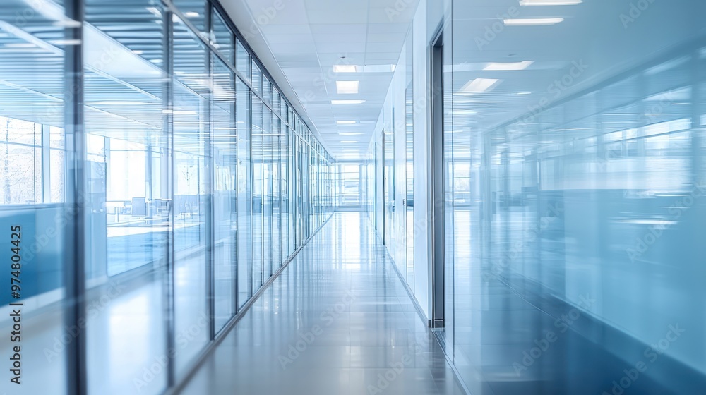 Defocused view of a large, modern office hallway with sleek, contemporary design elements Defocused view of a large, modern office hallway with sleek, contemporary design elements