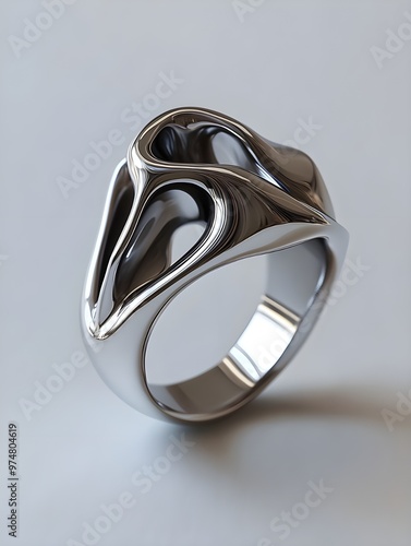 a ring made of smooth silvery chrome metal, gentle curves make up the complex design on the ring, cyber inspired, space gothic, futuristic photo