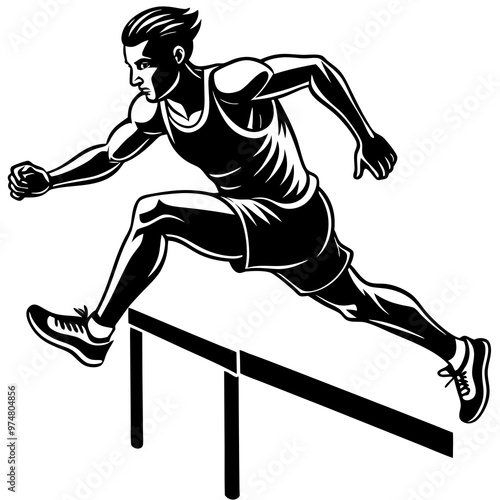 Male athlete runner at the moment of jumping over an obstacle silhouette vector illustration 
