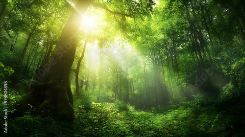 A lush green forest with sunlight streaming through the canopy, creating a serene atmosphere