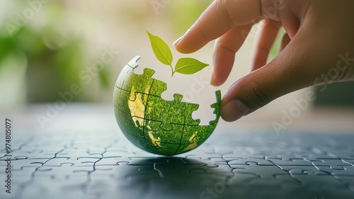 Hand Assembling Green Puzzle Globe with Leaf Sprout Symbolizing Eco-Capitalism and Sustainable Business Practices photo