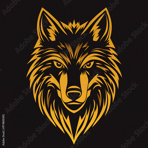 A stylized golden wolf head illustration against a black background. photo