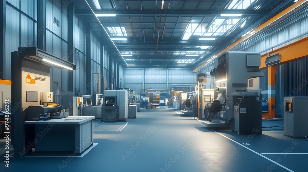 A modern factory interior showcasing advanced machinery and equipment in a well-lit environment A modern factory interior showcasing advanced machinery and equipment in a well-lit environment