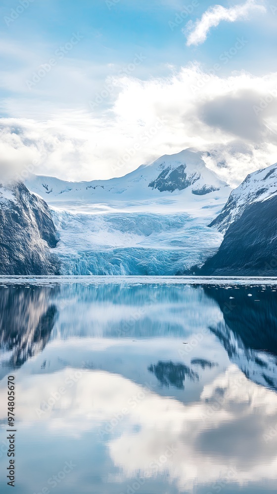 A serene landscape of a melting glacier reflecting in a calm lake, highlighting the impact of climate change on natural beauty A serene landscape of a melting glacier reflecting in a calm lake, highlighting the impact of climate change on natural beauty