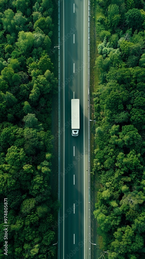 Aerial view of a long, straight highway cutting through dense green forest, with a single white truck traversing the asphalt ribbon amid nature. Aerial view of a long, straight highway cutting through dense green forest, with a single white truck traversing the asphalt ribbon amid nature.