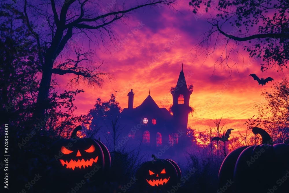 Scary Halloween Mansion and Large Glowing Pumpkins.. Scary Halloween Mansion and Large Glowing Pumpkins..