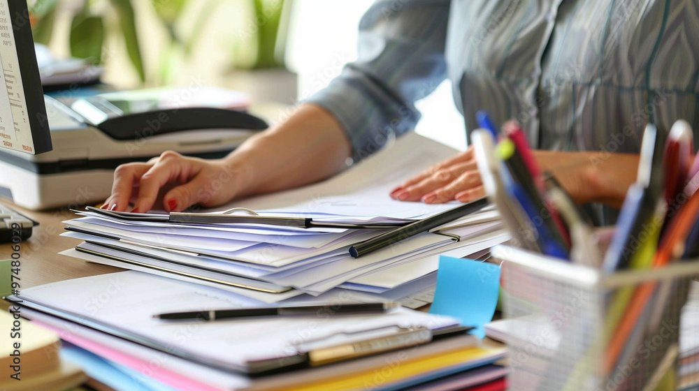 A secretary printing out a document and organizing files, with various office supplies and folders neatly placed on the desk. A secretary printing out a document and organizing files, with various office supplies and folders neatly placed on the desk.