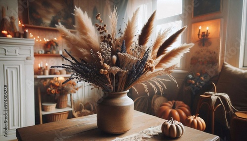 A cozy autumnal interior featuring a vase with dried plants on a wooden table, surrounded by pumpkins and warm lighting.

 photo