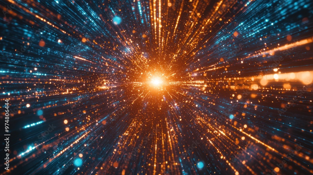 Naklejka premium Futuristic seamless loop of particle beams creating a dynamic digital data flow with powerful rays and light