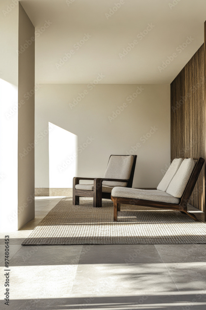 Fototapeta premium Modern minimalist interior design with neutral tones, wood accents and elegant furniture. Luxury interiors composition.