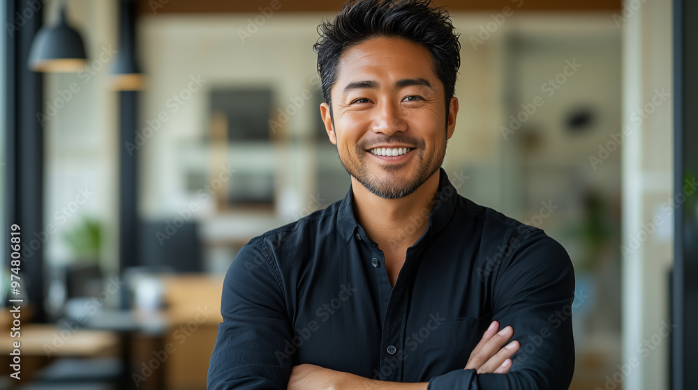 Fototapeta premium A handsome Japanese man in his late thirties, wearing a black shirt, is smiling while standing with his arms crossed. He has short hair and a clean skin tone, and he looks confiden