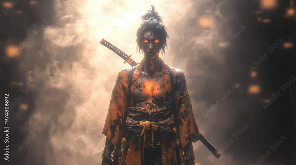 depicts a samurai in traditional armor, standing stoically with a katana. depicts a samurai in traditional armor, standing stoically with a katana.