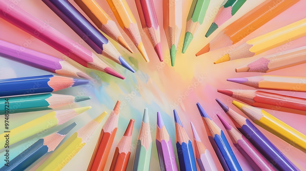 An artistic arrangement of pencils in various colors, fanned out against a soft pastel background, emphasizing their vibrant hues An artistic arrangement of pencils in various colors, fanned out against a soft pastel background, emphasizing their vibrant hues
