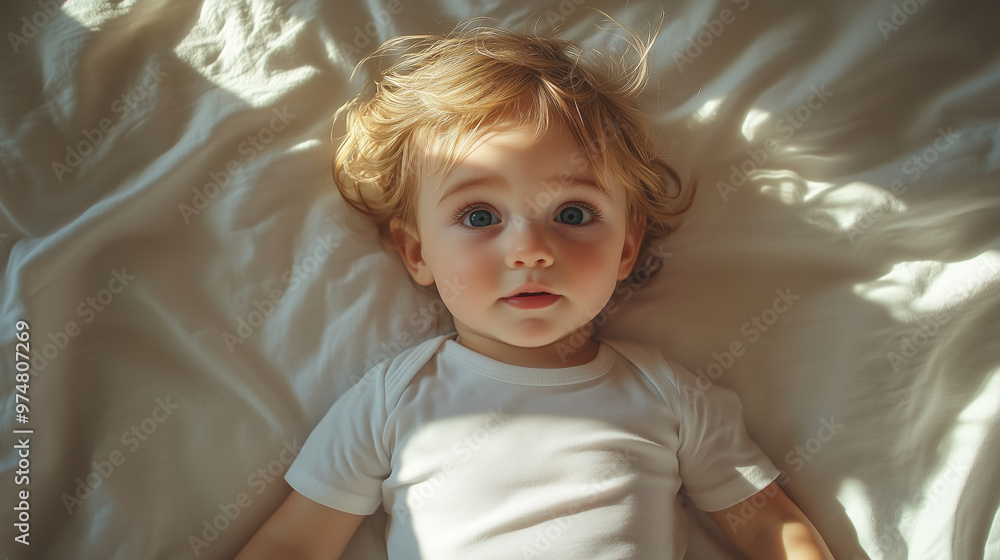 Cute toddler lying on a bed, top view, wearing a white t-shirt, with morning light, photography. Cute toddler lying on a bed, top view, wearing a white t-shirt, with morning light, photography.