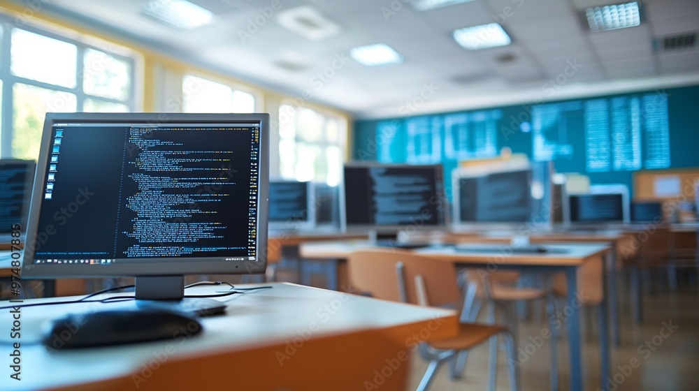 Modern computer lab with rows of desks, featuring a close-up of a monitor displaying lines of code. Bright, clean space with large windows and blue accents. Modern computer lab with rows of desks, featuring a close-up of a monitor displaying lines of code. Bright, clean space with large windows and blue accents.