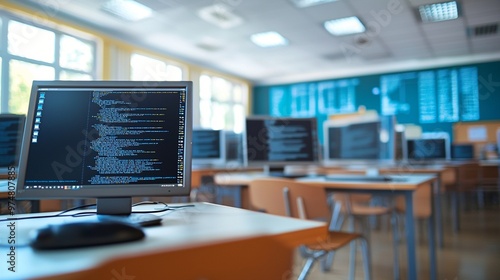 Modern computer lab with rows of desks, featuring a close-up of a monitor displaying lines of code. Bright, clean space with large windows and blue accents.