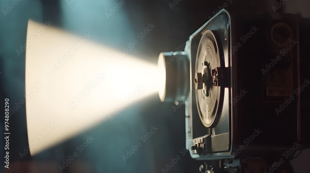 Fototapeta premium A close-up of a vintage film projector casting a beam of light onto a blank screen, evoking nostalgia and the magic of cinema