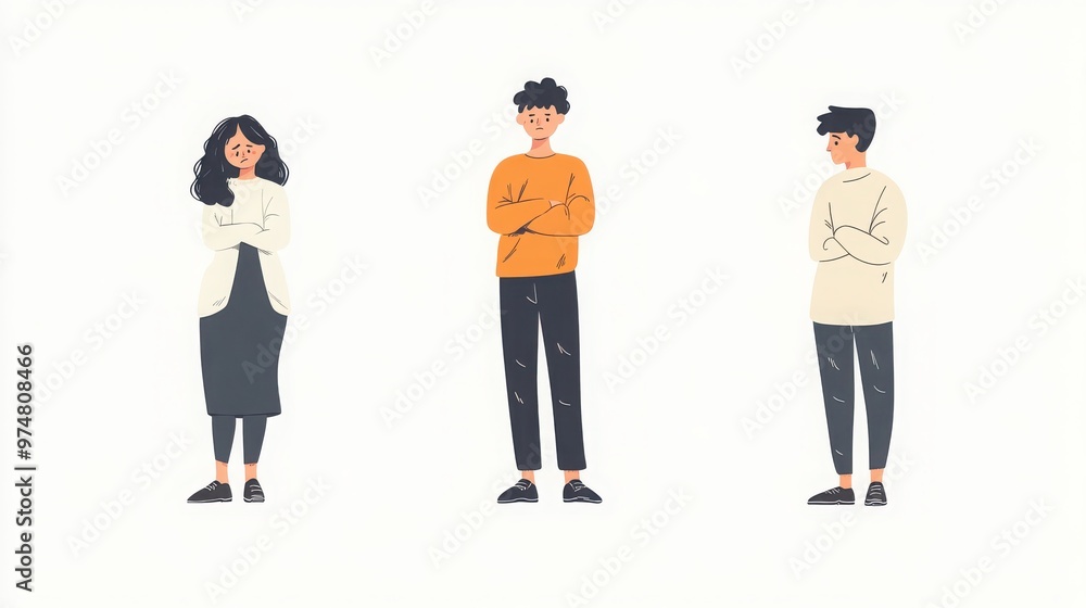 Fototapeta premium A minimalist illustration of characters displaying emotions like nervousness, elation, and calmness, each shown with distinct but simple gestures, white background