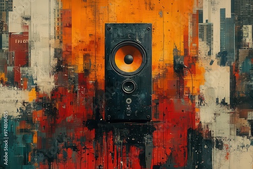 urban art collage vibrant mashup of cityscape elements and abstract shapes centered around a bold loudspeaker conveys energy communication and the dynamic pulse of city life photo