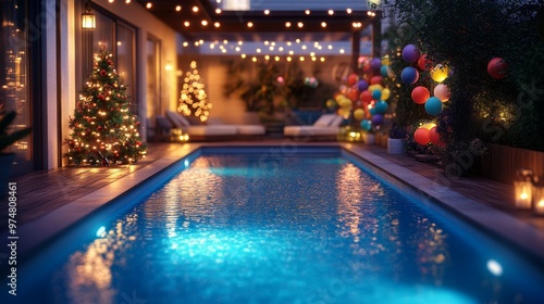 Decorated for Christmas pool party backyard pool