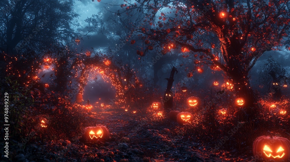 Halloween Forest Path With Jack o lantern Lanterns Halloween Forest Path With Jack o lantern Lanterns