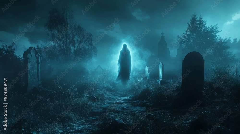 Ghostly Figure in a Graveyard at Night Ghostly Figure in a Graveyard at Night