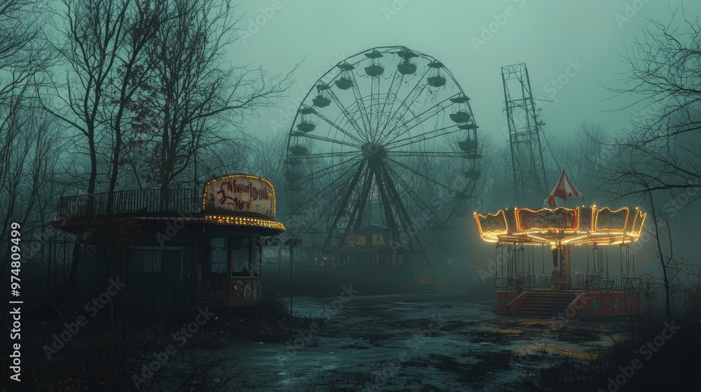 Abandoned Amusement Park Ferris Wheel Carousel Foggy Atmosphere Abandoned Amusement Park Ferris Wheel Carousel Foggy Atmosphere