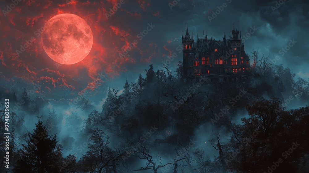Dark Castle with Red Moon in Foggy Forest