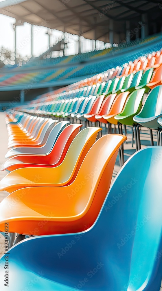 An empty stadium with rows of colorful seats under bright sunlight An empty stadium with rows of colorful seats under bright sunlight