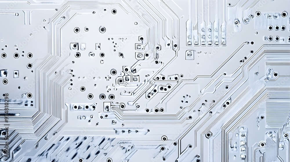 A close-up shot of a circuit board with intricate patterns and components, showcasing the details of electronics against a light solid color background A close-up shot of a circuit board with intricate patterns and components, showcasing the details of electronics against a light solid color background