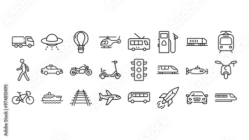 Set of Black and White Transportation Icons in Vector Illustration