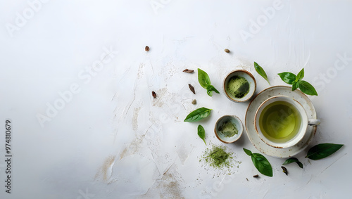 Green Tea in a Ceramic Cup Set on White Textured Marble Background, copy space photo