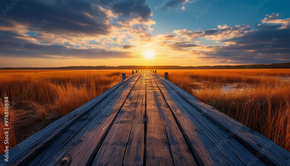 Fototapeta premium A dramatic landscape featuring a weathered wooden pier stretching into a vast marshland under 