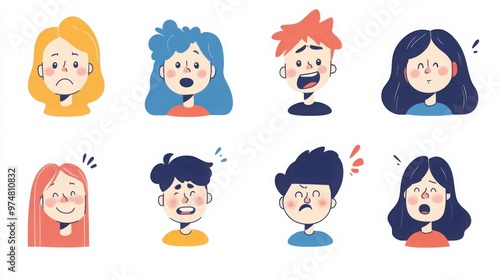 Characters with clear expressions of feelings such as sadness, joy, and uncertainty, using sharp lines and minimalist features, white background 