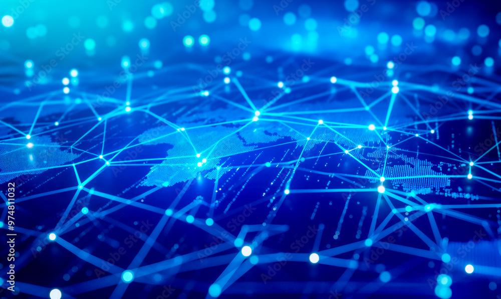 Blue digital background with connecting lines and nodes on world digital map. Digital transformation, big data, or future-forward industries. Blue digital background with connecting lines and nodes on world digital map. Digital transformation, big data, or future-forward industries.