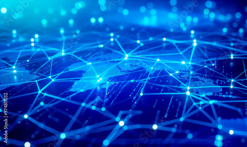 Fototapeta Naklejka Na Ścianę i Meble -  Blue digital background with connecting lines and nodes on world digital map. Digital transformation, big data, or future-forward industries.