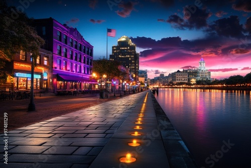 Savannah Nightlife visualized in a vibrant infographic, showcasing bars, live music venues, and riverfront nightlife hotspots