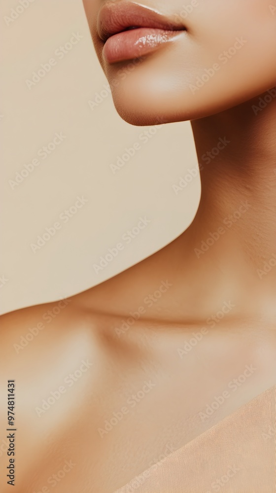 A close-up of a woman's torso, emphasizing her skin texture and natural beauty, set against a light beige background A close-up of a woman's torso, emphasizing her skin texture and natural beauty, set against a light beige background