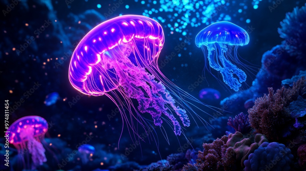 Naklejka premium Glowing Jellyfish in Vibrant Underwater Scene
