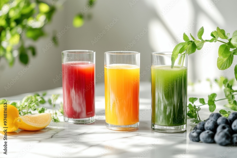 Three colorful juices in glasses surrounded by fruits and greenery. Three colorful juices in glasses surrounded by fruits and greenery.