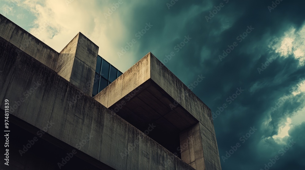 Fototapeta premium Neo Brutalist Architecture: Sharp Angles Against a Dramatic Sky 1