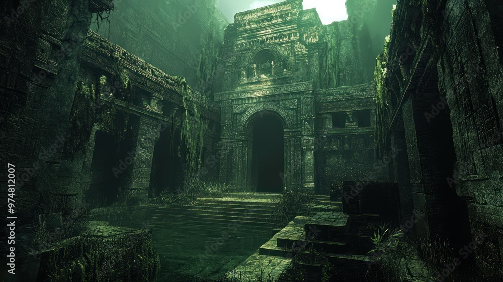 Overgrown Ancient Stone Temple with Archway Entrance Overgrown Ancient Stone Temple with Archway Entrance