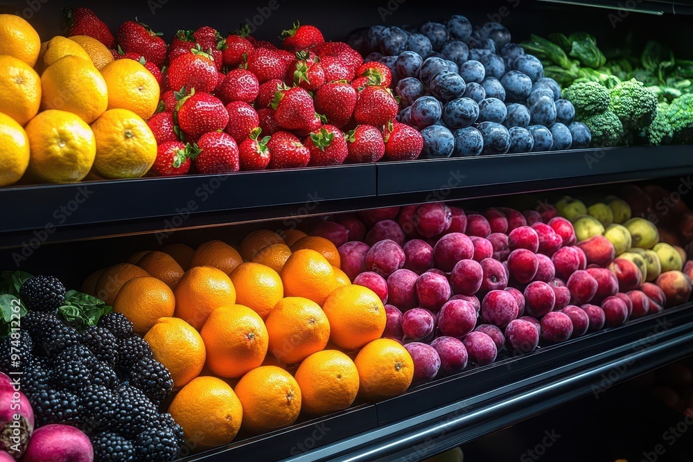 vibrant array of fresh produce on sleek modern refrigerated shelves with dramatic lighting emphasizing vivid colors and textures of fruits and vegetables in a highend supermarket setting vibrant array of fresh produce on sleek modern refrigerated shelves with dramatic lighting emphasizing vivid colors and textures of fruits and vegetables in a highend supermarket setting